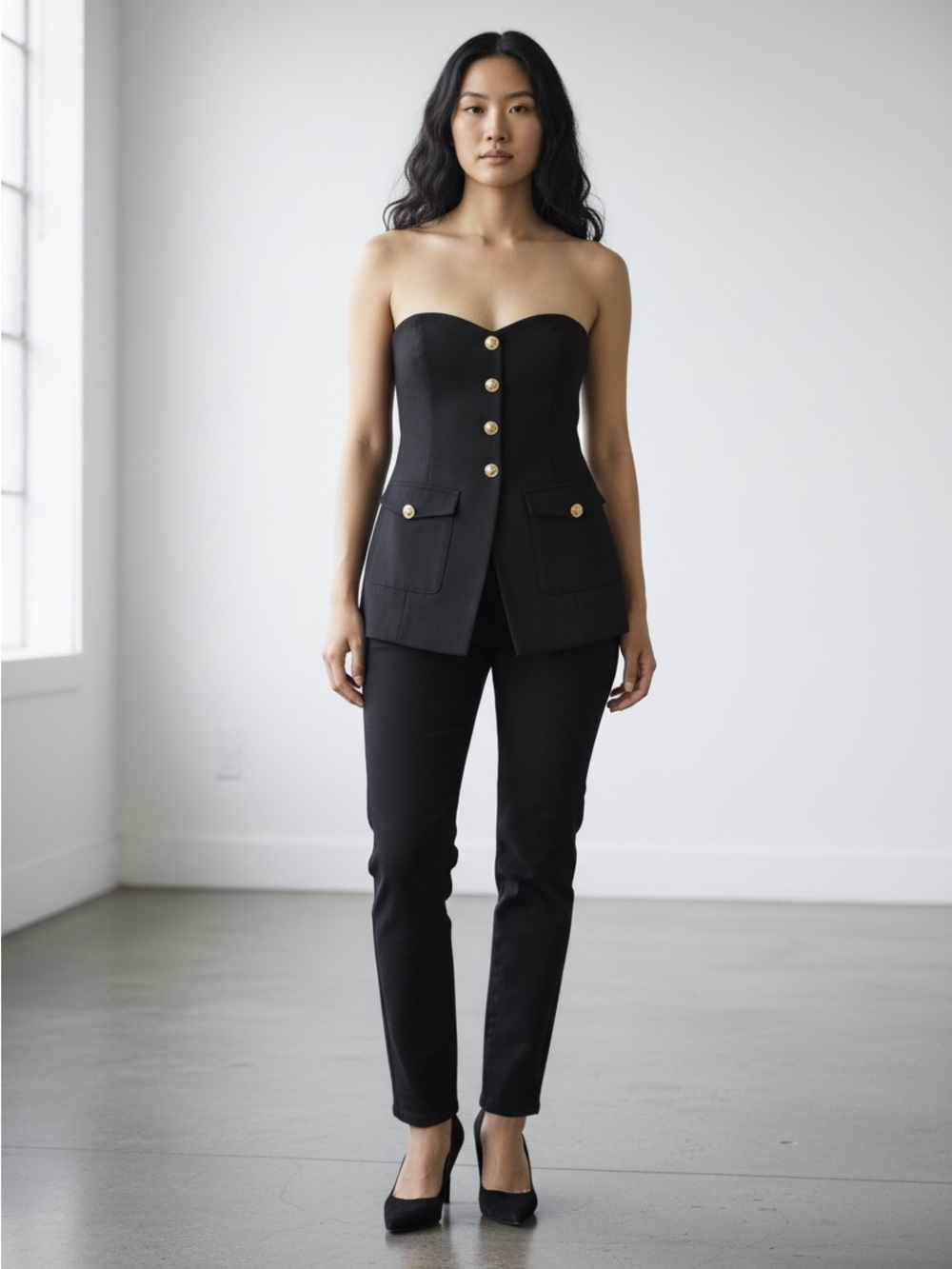 Astr Black Strapless Corset Top with Gold Buttons - Picture 5 of 5